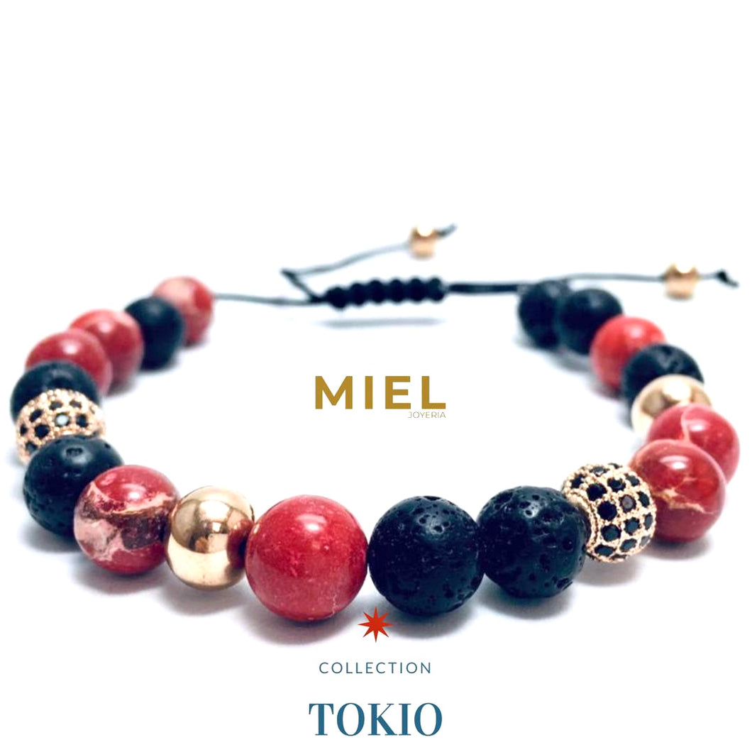 Pulsera unisex gema natural Ágata Roja y Roca Volcánica , colección 
